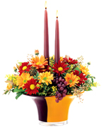 For Miami Thanksgiving: Stunning, bright, translucent Autumn colorsamethyst, amber and orangeshine in this glossy, weighted. beauty, creating a magnificent setting for an impressive harvest arrangement