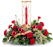 Miami Christmas: Created to resemble an old-style leaded-glass window, our sparkling, gold-toned holiday hurricane. A merry arrangement of greens, ornaments and blooms completes this twinkling centerpieceperfect for any festive occasion