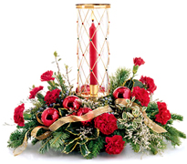 Miami Christmas: Created to resemble an old-style leaded-glass window, our sparkling, gold-toned holiday hurricane. A merry arrangement of greens, ornaments and blooms completes this twinkling centerpieceperfect for any festive occasion ORDER NOW 