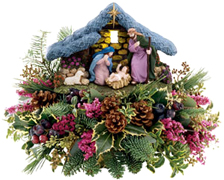 The Miami Christmas spirit shines forth in this joyful, hand-painted Nativity scene  an expression of faith. Mary and Joseph attend reverently to the baby Jesus under a gilded Star of Bethlehem, watched by a baby lamb while a soft light shines upon them from within the rustic manger.