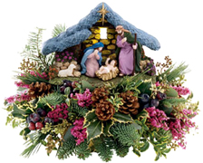 The Miami Christmas spirit shines forth in this joyful, hand-painted Nativity scene  an expression of faith. Mary and Joseph attend reverently to the baby Jesus under a gilded Star of Bethlehem, watched by a baby lamb while a soft light shines upon them from within the rustic manger. ORDER NOW 