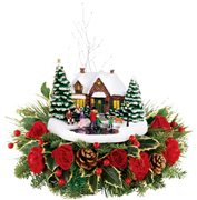 Our Christmas home: An old-style skating pond, recreated down to every last hand-painted detail. Tiny skaters twirl on a mirrored pond, edged with glistening, new-fallen snow, right by a cozy cottage with windows that light up from within. Sure to sell throughout the holiday season. ORDER NOW 