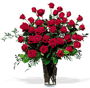 Click and Order on Time your 36 Perfect RED Roses with a clear base, greens and white/green available fillers, Order now to Schedule Delivery