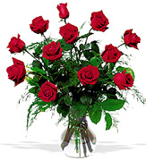 Click and "Order on Time" your 12 Perfect RED Roses with a clear base, greens and white/green available fillers, Order now to Schedule Delivery