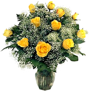 Click and Order on Time your 12 Perfect YELLOW Roses with a clear base, greens and white/green available fillers, Order now to Schedule Delivery