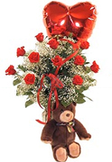 Click and Order on Time your PERFECT VALENTINE 12 Perfect RED Roses, TEDDY BEAR AND MYLAR BALLOON clear base, greens and white fillers, Order now to Schedule Delivery