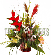 EXCLUSIVE Miami TROPICAL arrangement with EXOTICS and unique flowers, bird of paradise, blue orchids, ginger, anturios, callas,... only VIP tropical and exotic flowers for your VIP SPECIAL OCCASION... customized design, flowers and rustic base used for this unique Piece of Art... HIGH SIZE... ORDER THIS Tropical Designs...