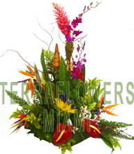 EXCLUSIVE Miami TROPICAL arrangement with EXOTICS and unique flowers, bird of paradise, blue orchids, ginger, anturios, callas,... only VIP tropical and exotic flowers for your VIP SPECIAL OCCASION... customized design, flowers and rustic base used for this unique Piece of Art... HIGH SIZE... ORDER THIS Tropical Designs...