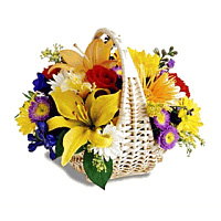 Like a country garden in a basket. This basket holds a sampling of many favorites including a rose, a lily, daisies, sunflowers, aster, alstroemeria & more