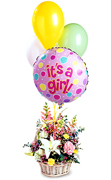 A terrific gift for a new baby girl. A basket full of flowers is finished with 1 mylar and 3 multi-colored latex balloon in an impressive display. The arrangement includes a white lily, pink snapdragons, white and pink carnations and more. Balloon design will vary. 